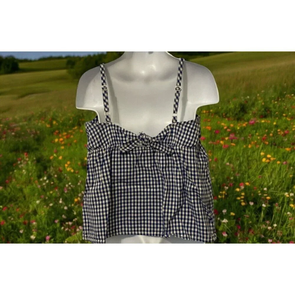 Old Navy Girl Cami Top Size XS 5 Navy Gingham SL Bow Back Adjustable Straps